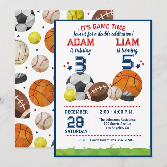 Sports Game Time All-Star  Birthday Party Invitation (Front/Back)