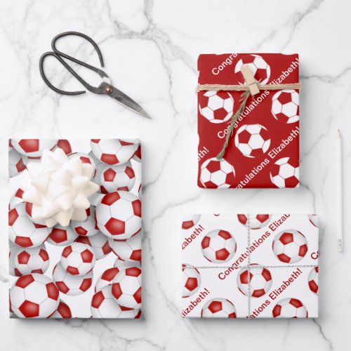 sports gifting coordinating set red white soccer wrapping paper sheets