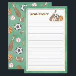 Sports Grass Green Kids Lined Letter Writing Paper<br><div class="desc">This design is in our sports theme, featuring a pattern of watercolor basketballs, footballs, baseball bats, baseballs and soccer balls in a bright green color scheme. Click the customize button if you would like to move/scale the images and further modify the text! Variations of this design, additional colors, as well...</div>