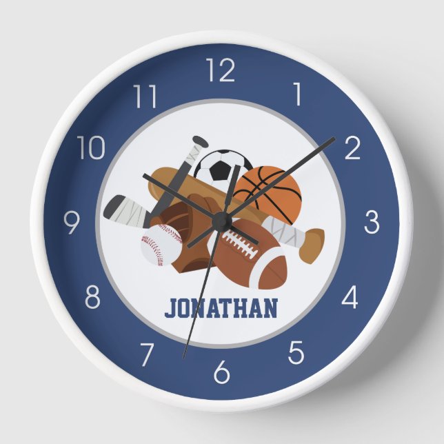 Sports Gray and Navy Blue All Stars Boys Kids Wall Clock (Front)