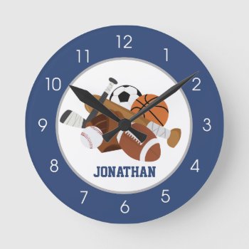 Sports Gray And Navy Blue All Stars Boys Kids Wall Round Clock by allpetscherished at Zazzle
