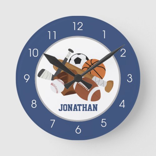 Sports Gray and Navy Blue All Stars Boys Kids Wall Round Clock