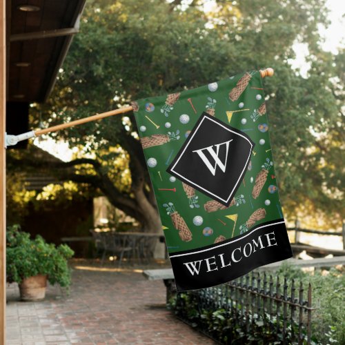 Sports Green Golf Equipment Monogram Welcome House Flag