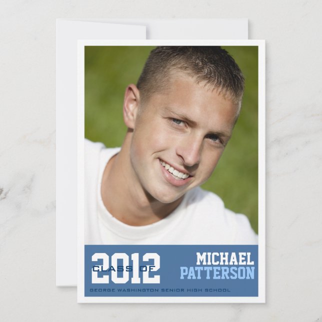 Sports Guy Photo Graduation Party Invitation Blue (Front)