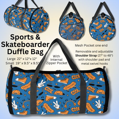 Sports Items Design Orange White on Blue Duffle Bag