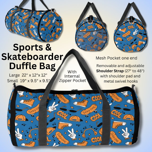 Sports Items Design, Orange White on Blue Duffle Bag (Creator Uploaded)