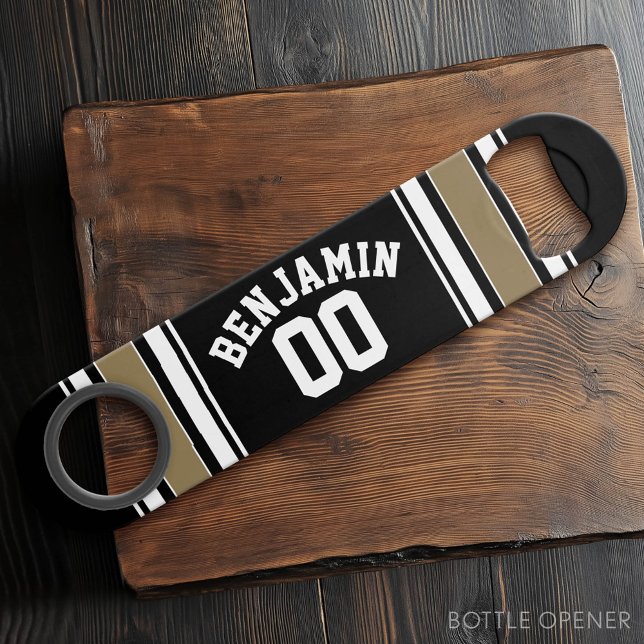Sports Jersey Black and Gold Stripes Name Number Bar Key (Custom Bottle Opener)