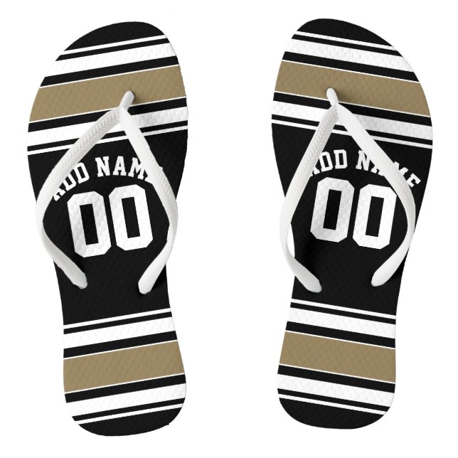 Sports Jersey Black and Gold Stripes Name Number Flip Flops (Footbed)