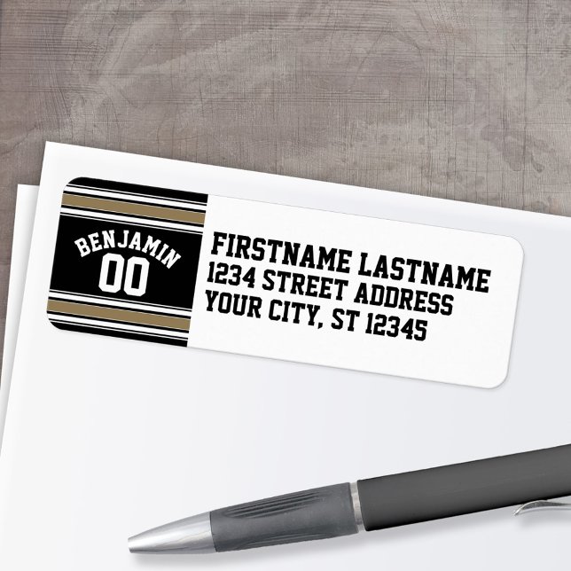 Sports Jersey Black and Gold Stripes Name Number Label (Personalized Return Address Label)