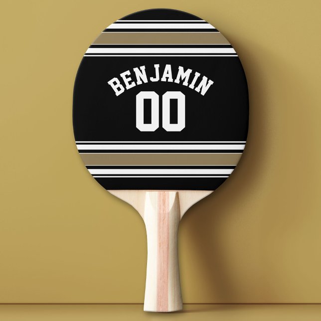 Sports Jersey Black and Gold Stripes Name Number Ping-Pong Paddle (Custom Ping Pong Paddle with a Sports Theme)