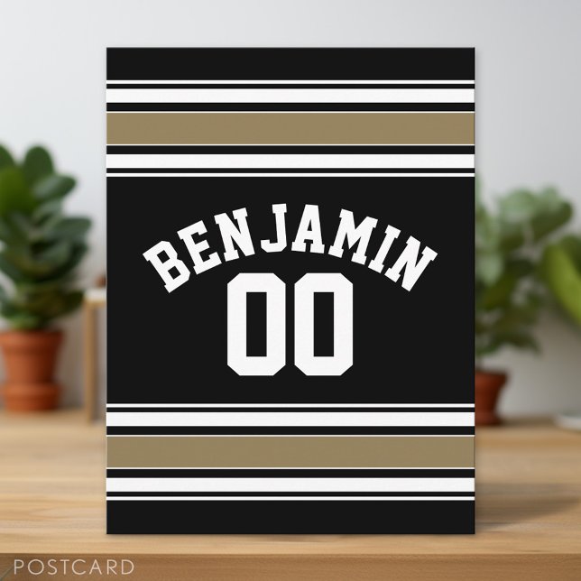 Sports Jersey Black and Gold Stripes Name Number Postcard (Custom Postcard)