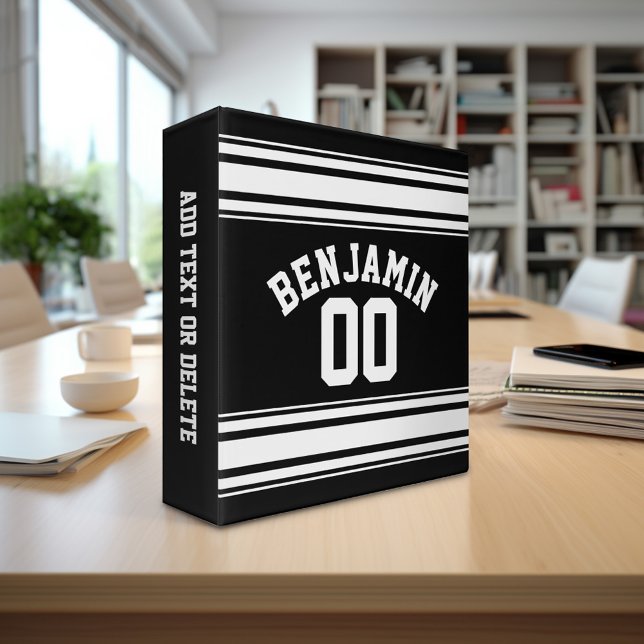 Sports Jersey Black and White Stripes Name Number 3 Ring Binder (Personalized 3-ring binder with a sports theme - football jersey with name and custom text)