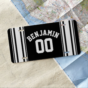 Sports Jersey Black and White Stripes Name Number License Plate