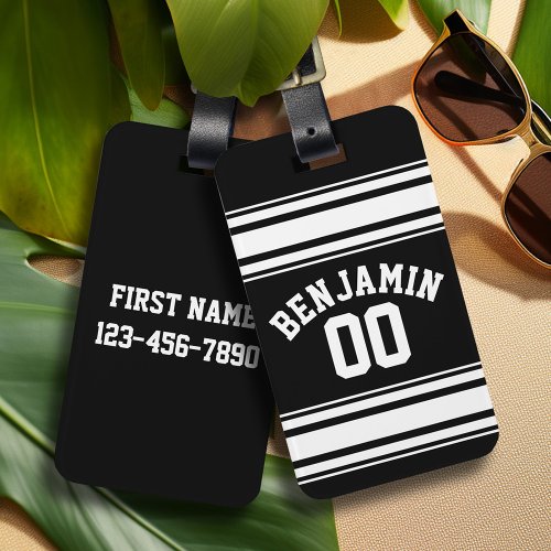 Sports Jersey Black and White Stripes Name Number Luggage Tag