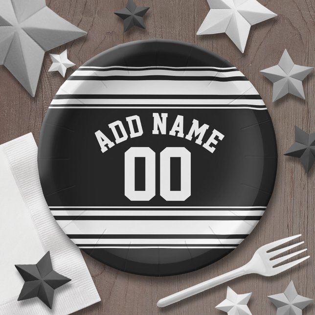 Sports Jersey Black and White Stripes Name Number Paper Plates (Personalized party plates - sports theme for birthday or any occasion)