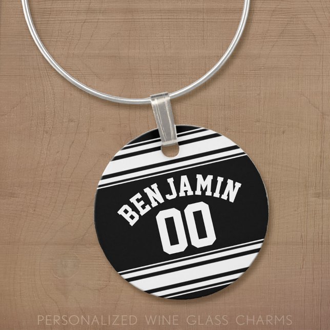 Sports Jersey Black and White Stripes Name Number Wine Charm (Custom Wine Glass Charm)