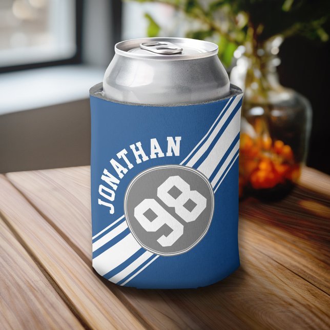 Sports Jersey Blue and Gray Stripes Name Number Can Cooler (Custom Can Cooler)