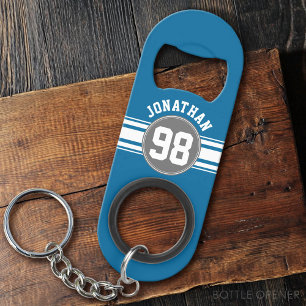 Sports Jersey Blue and Gray Stripes Name Number Keychain Bottle Opener