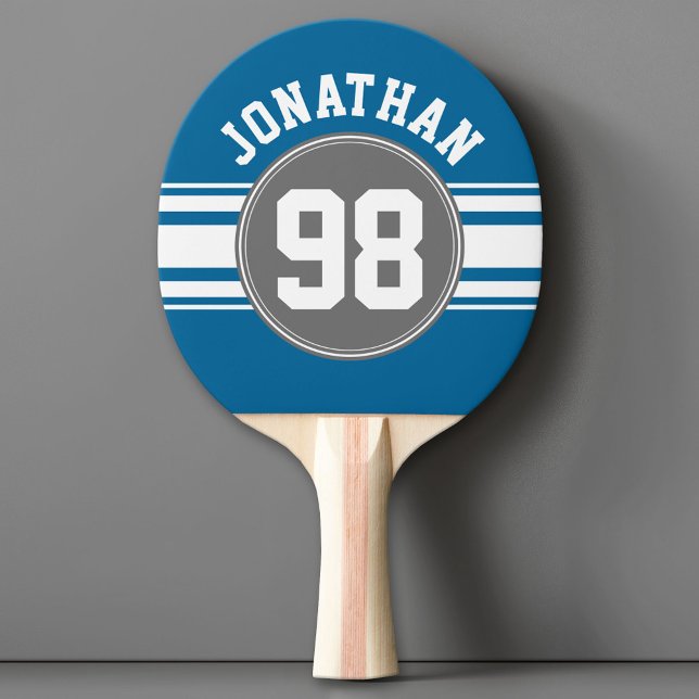 Sports Jersey Blue and Gray Stripes Name Number Ping Pong Paddle (Custom Ping Pong Paddle - Team or College colors Sports Jersey)