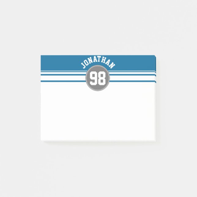 Sports Jersey Blue and Gray Stripes Name Number Post-it Notes (Front)
