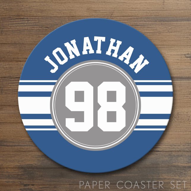 Sports Jersey Blue and Gray Stripes Name Number Round Paper Coaster (Custom Coaster)