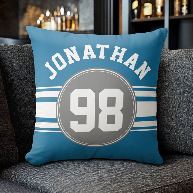Sports Jersey Blue and Gray Stripes Name Number Throw Pillow (Custom Sporty Pillow)