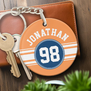 Sports Jersey Blue and Orange Stripes Name Number Keychain
