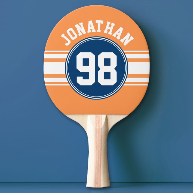Sports Jersey Blue and Orange Stripes Name Number Ping-Pong Paddle (Custom Ping Pong Paddle with a Sports Theme)