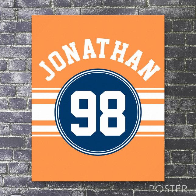 Sports Jersey Blue and Orange Stripes Name Number Poster (Custom Sporty Poster)