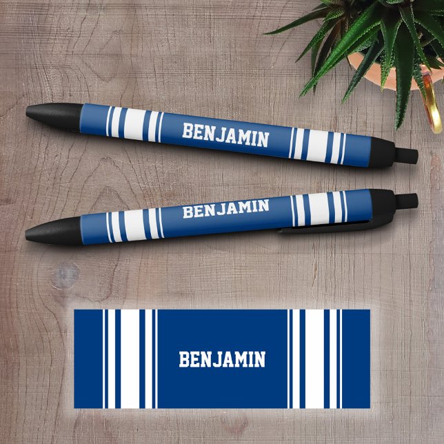 Sports Jersey Blue and White Stripes Personalized Pen (Personalized Writing Pens - add your name, monogram or other text)
