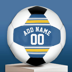 Sports Jersey Blue and Yellow Stripes Name Number Soccer Ball
