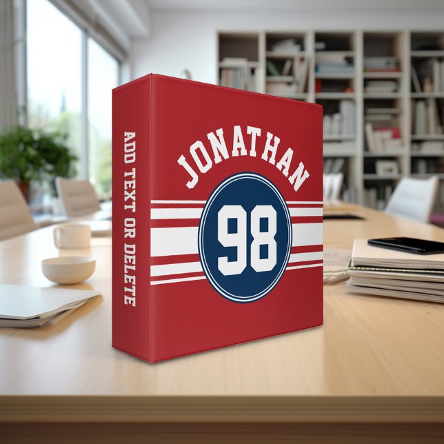Sports Jersey Navy Blue & Red Stripes Name Number 3 Ring Binder (Personalized 3-ring binder with a sports theme - football jersey with name and custom text)