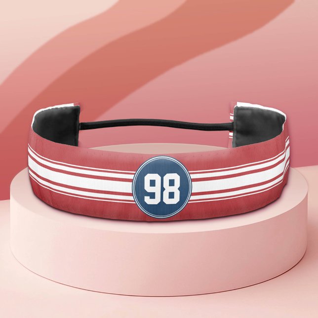 Sports Jersey Navy Blue & Red Stripes Name Number Athletic Headband (Custom Hairband)