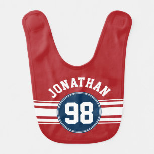 Sports Jersey Navy Blue & Red Stripes Name Number Baby Bib