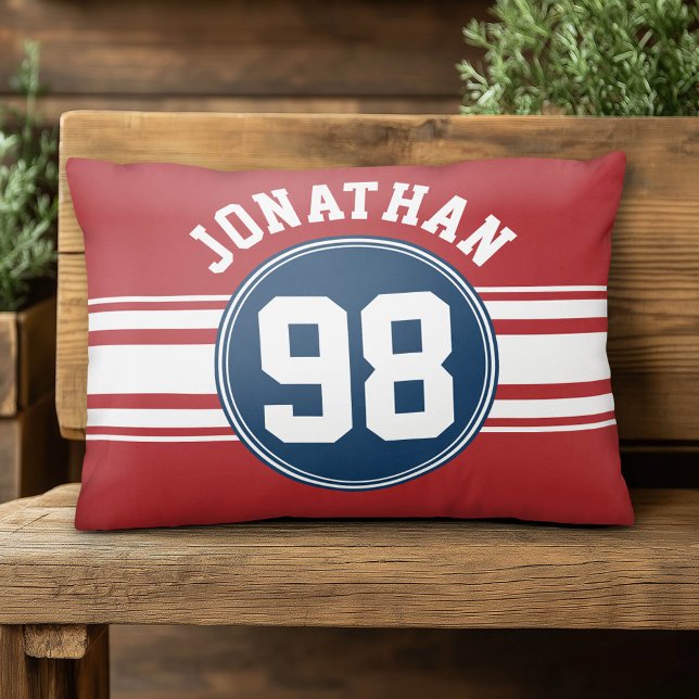 Sports Jersey Navy Blue & Red Stripes Name Number Decorative Pillow (Custom Pillow)