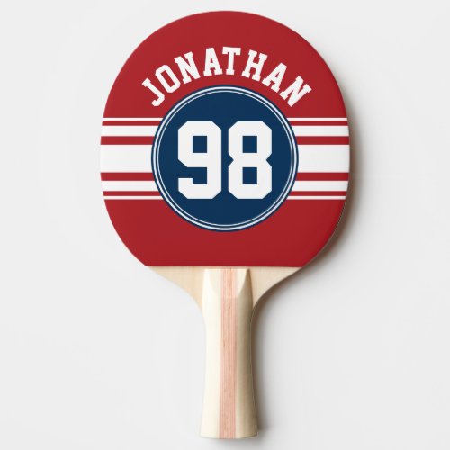 Sports Jersey Navy Blue  Red Stripes Name Number Ping Pong Paddle