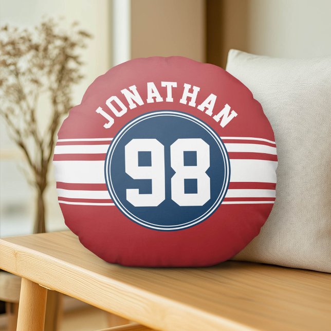 Sports Jersey Navy Blue & Red Stripes Name Number Round Pillow (Custom Pillow)