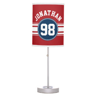 Sports Jersey Navy Blue & Red Stripes Name Number Table Lamp
