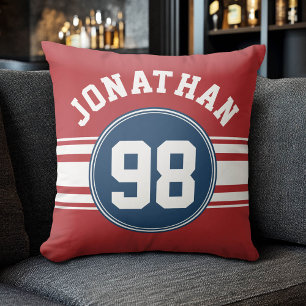 Sports Jersey Navy Blue & Red Stripes Name Number Throw Pillow