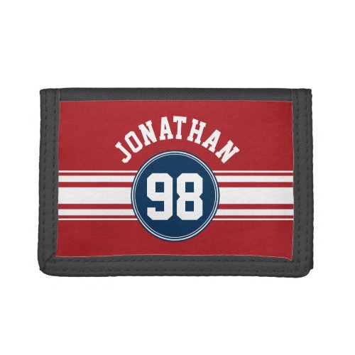 Sports Jersey Navy Blue  Red Stripes Name Number Tri_fold Wallet