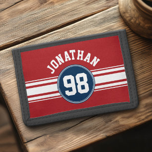 Sports Jersey Navy Blue & Red Stripes Name Number Trifold Wallet