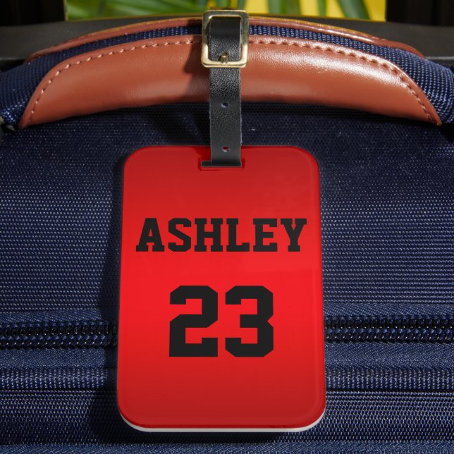 Sports Jersey Number and Name Red Personalized Luggage Tag (Front Insitu 2)