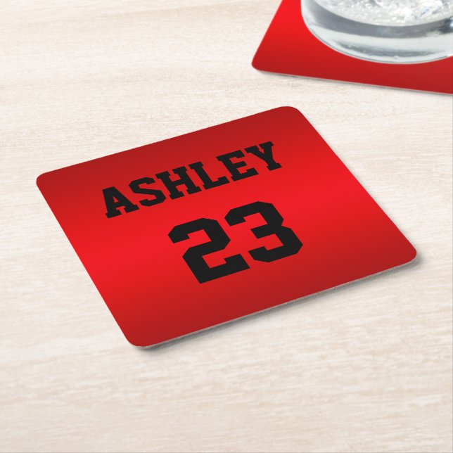 Sports Jersey Number and Name Red Personalized Square Paper Coaster (Angled)