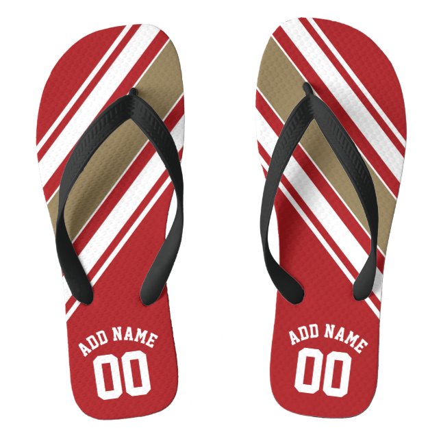 Sports Jersey Red and Gold Stripes Name Number Flip Flops (Footbed)