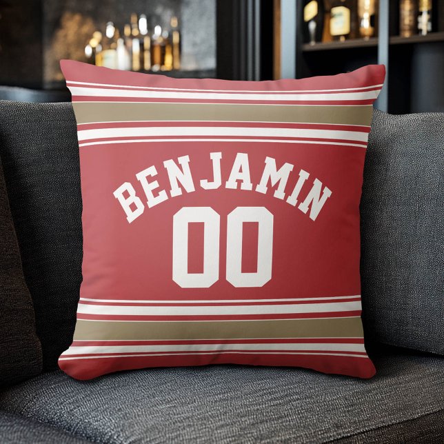 Sports Jersey Red and Gold Stripes Name Number Throw Pillow (Custom Sporty Pillow)