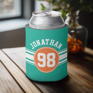 Sports Jersey Stripes Emerald & Orange Name Number Can Cooler