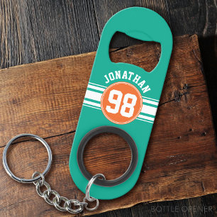Sports Jersey Stripes Emerald & Orange Name Number Keychain Bottle Opener