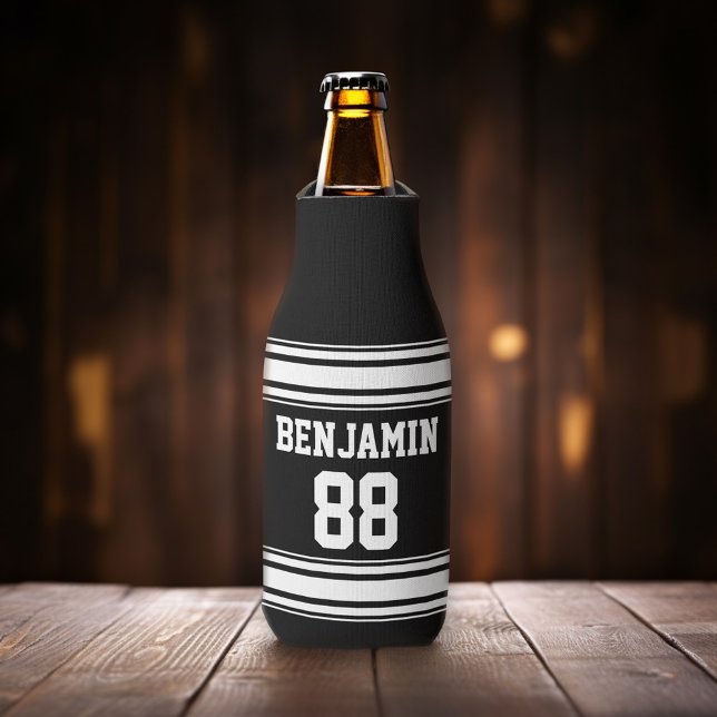 Sports Jersey Stripes - Personalized Name Number Bottle Cooler (Add your name to this sporty personalized bottle cooler.)