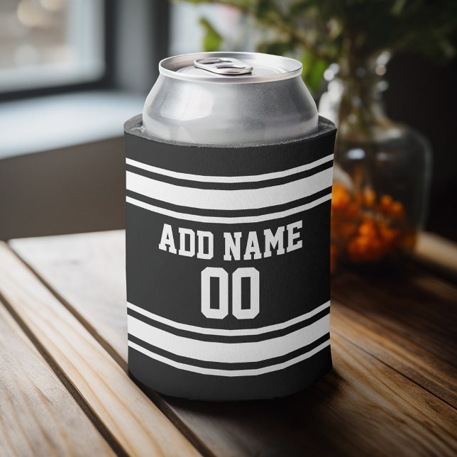 Sports Jersey Stripes - Personalized Name Number Can Cooler (Personalized Can Cooler - add a name and custom text to this sports jersey design)