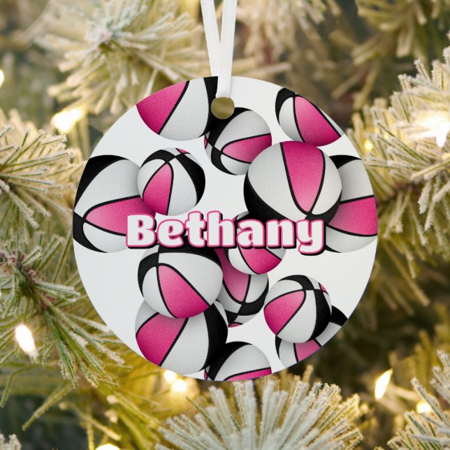 sports keepsake player name pink black basketballs metal ornament (Insitu)